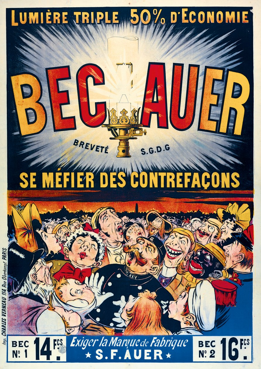 Becauer petróleumlámpákat reklámozó plakát, nyomtatta Charles Verneau, 1890 alkotó: French School