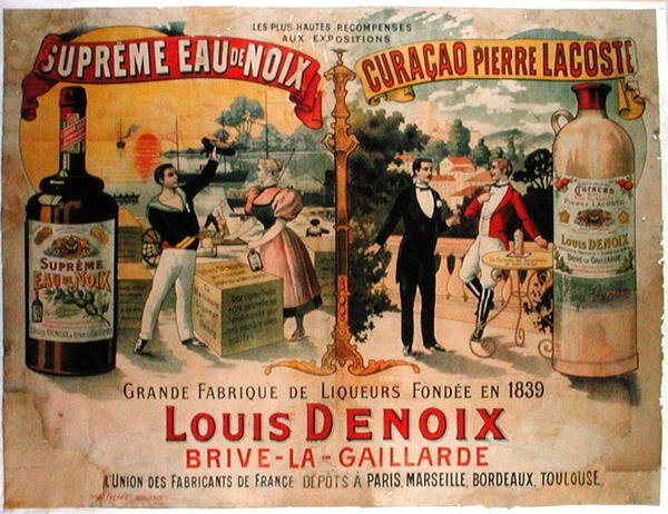„Eaux de Noix” és „Curacao, Pierre Lacoste”, francia likőrök reklámozása, Louis Denoix (színes litho) alkotó: French School