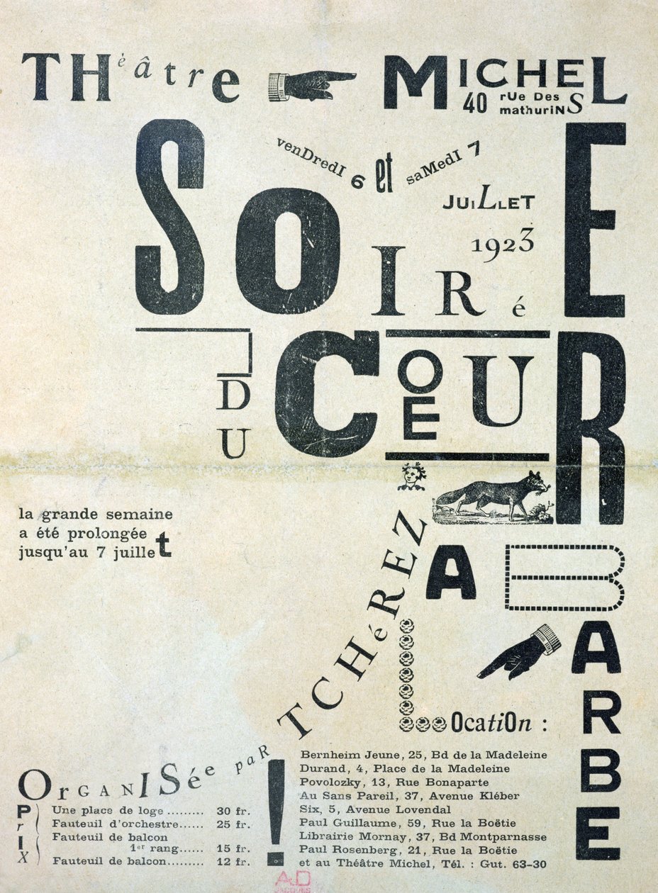 A Soiree du Coeur a Barbe-t reklámozó plakát a Theatre Michelben 1923. július 6. és 7. alkotó: French School
