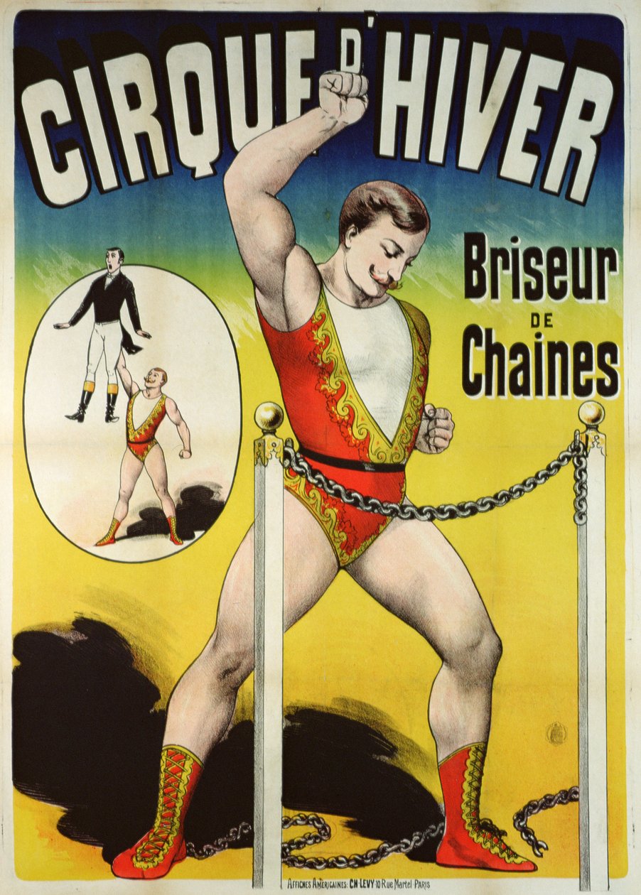 Plakát, amely egy erős embert hirdet a Cirque dHivernél alkotó: French School