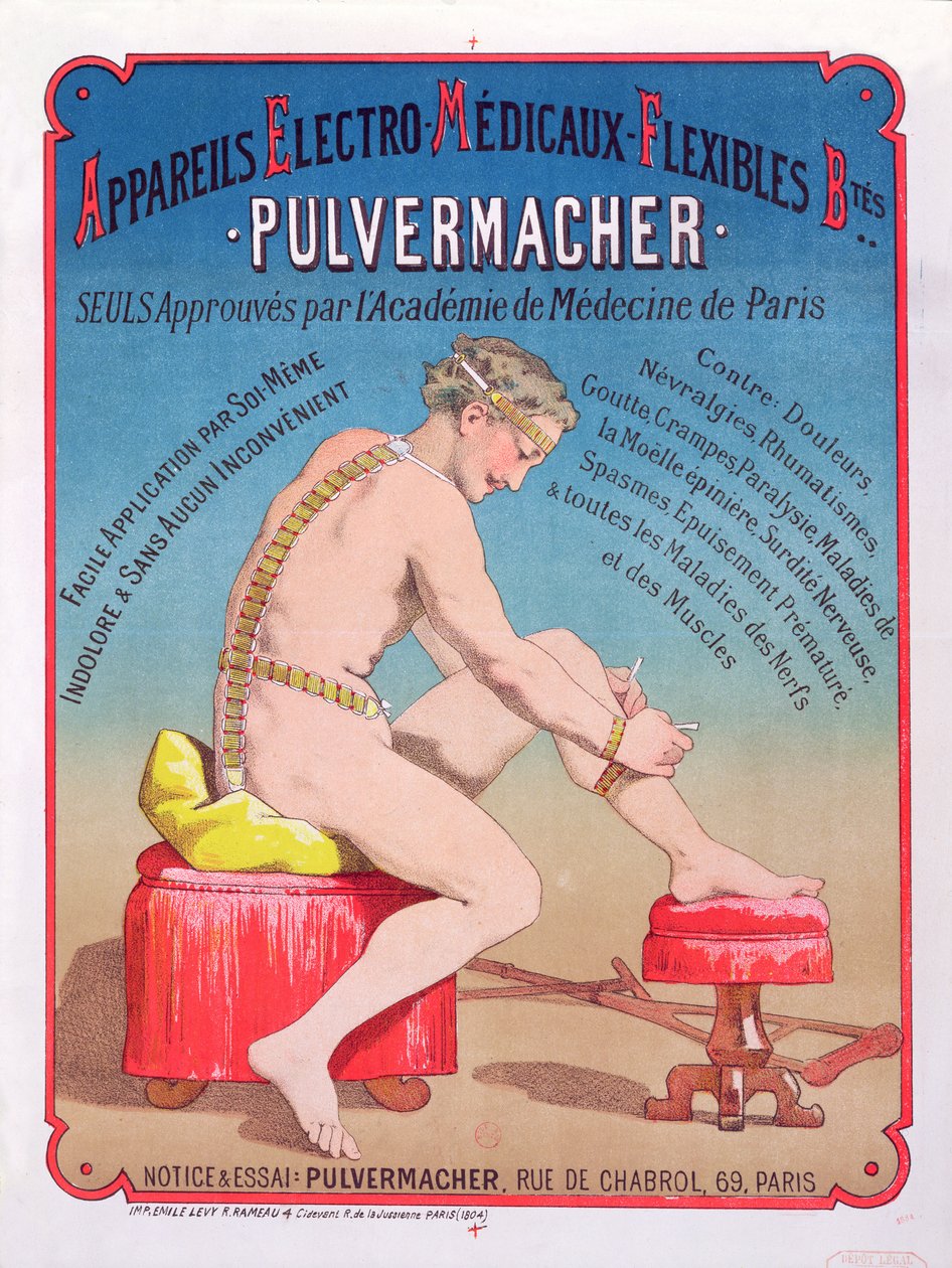 Pulvermacher elektro-Medical testmasszázs és stimulációs gépet hirdető plakát, 1884 alkotó: French School