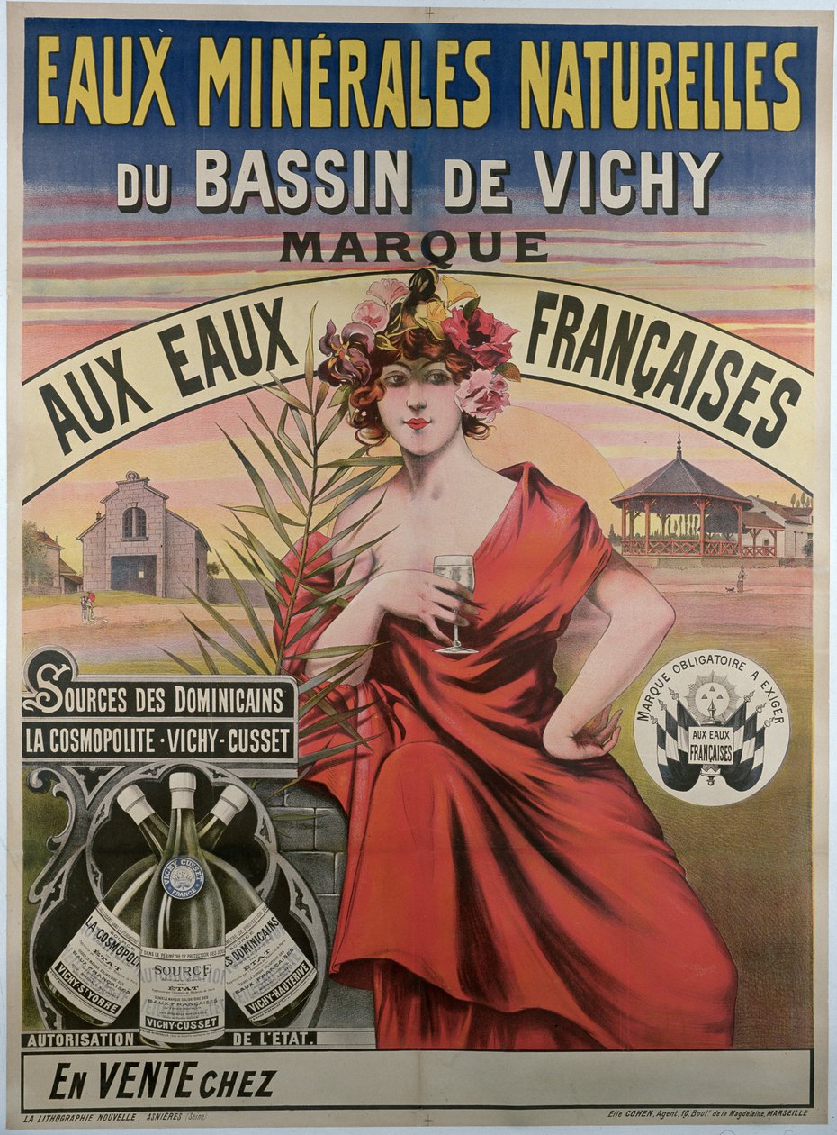 A Vichy-medence természetes ásványvizeit hirdető plakát, természetes ásványvíz alkotó: French School