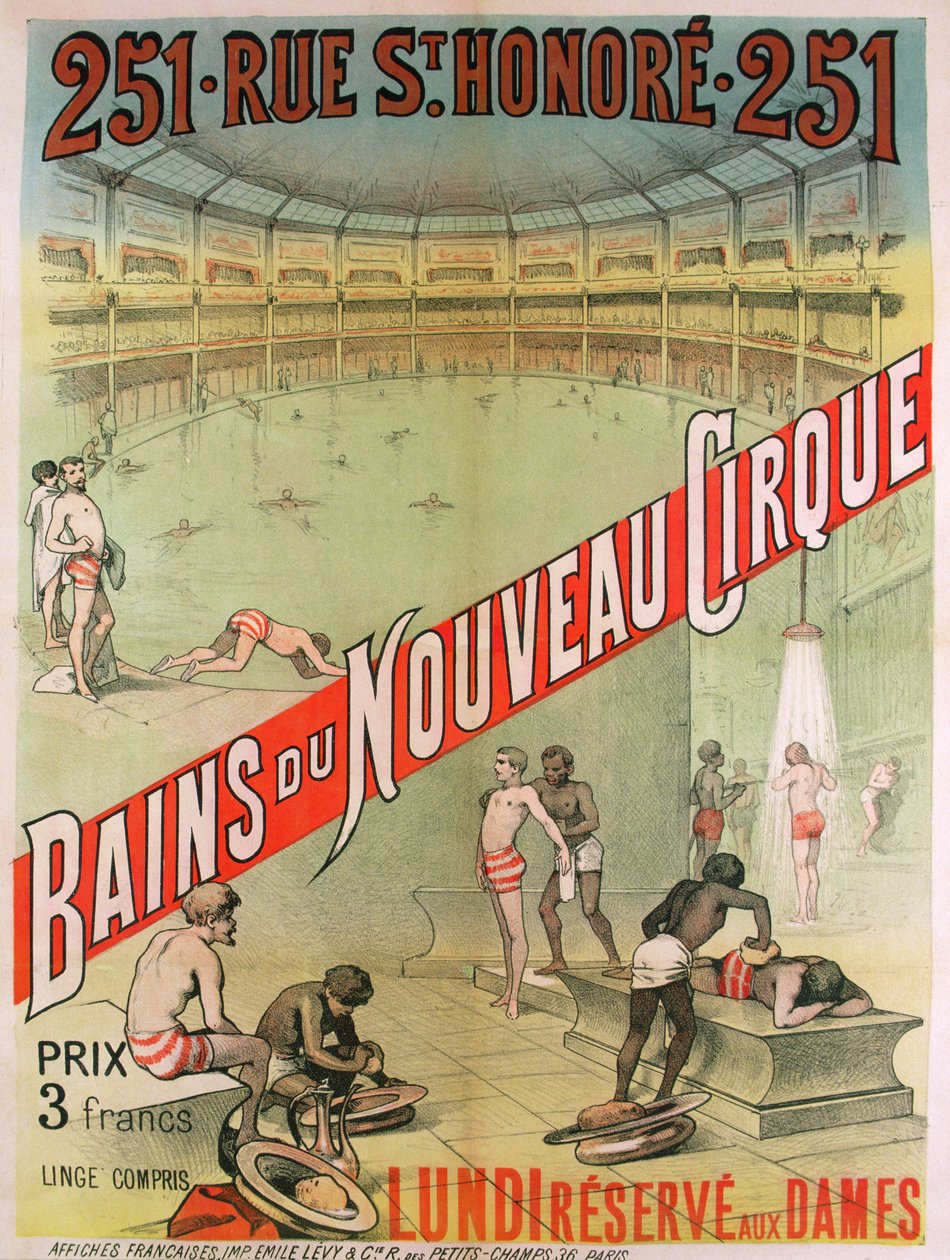 Plakát a "Bains du Nouveau Cirque" reklámja, 251 rue St. Honoré, Párizs, 19. század vége (színes litográfia) alkotó: French School