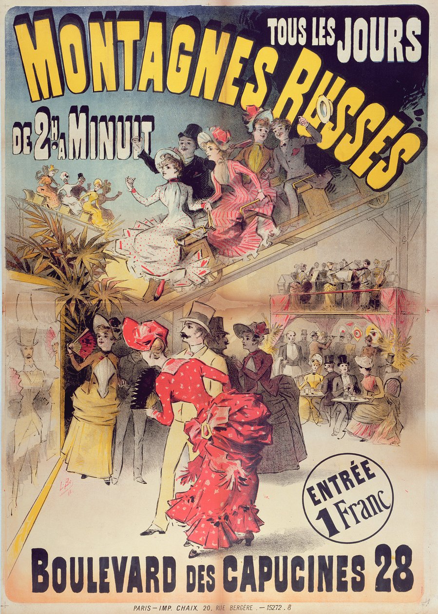Plakát, amely a Montagnes Russes hullámvasutat hirdeti a Boulevard des Capucines-ban, Párizs, 1888 alkotó: French School