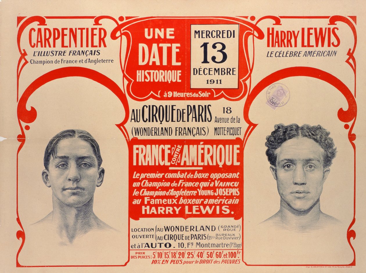 Carpentier és Harry Lewis bokszmeccsét reklámozó plakát, 1911 alkotó: French School