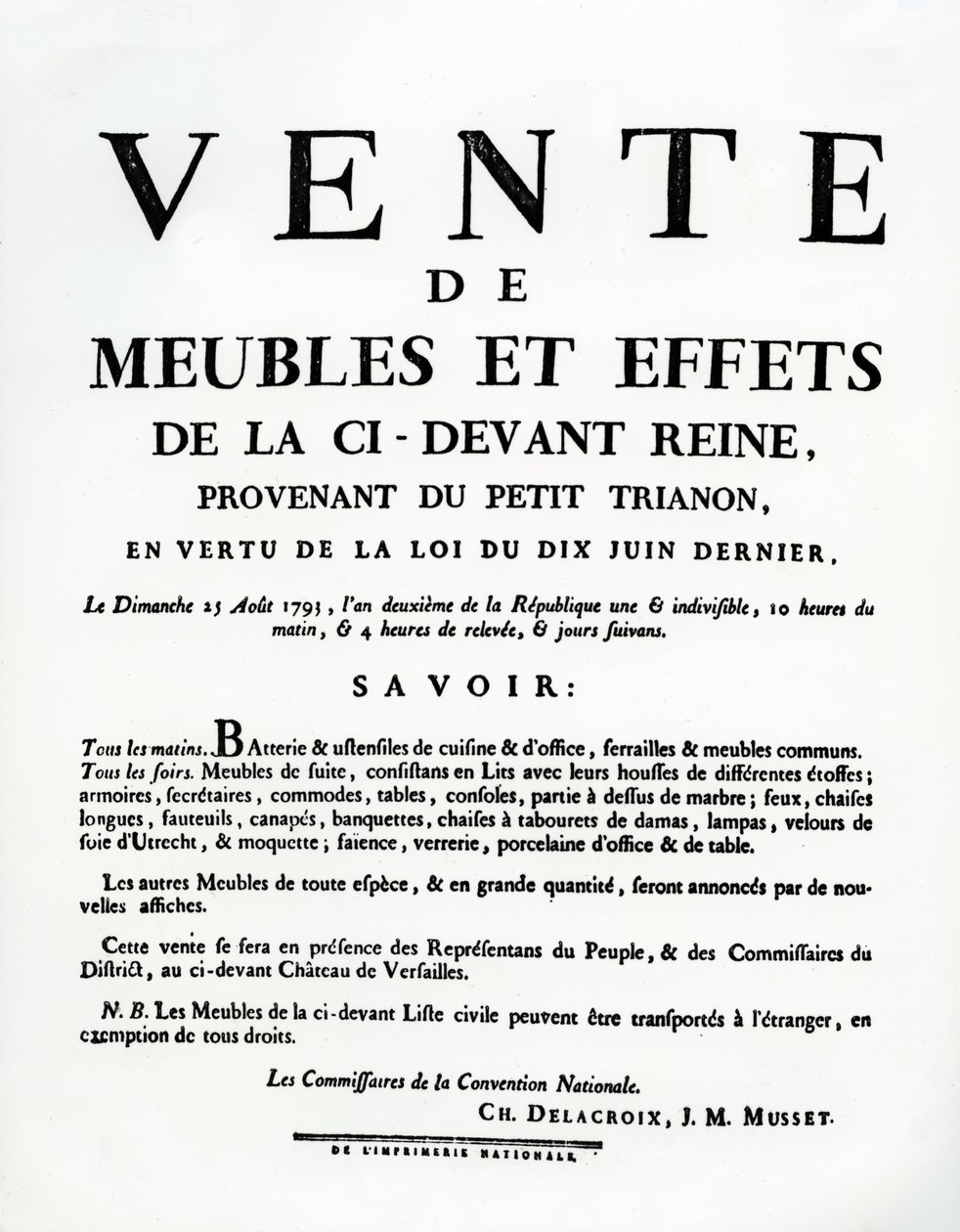 Marie-Antoinette bútorainak és effektusainak eladását hirdető plakát augusztus 25-én alkotó: French School