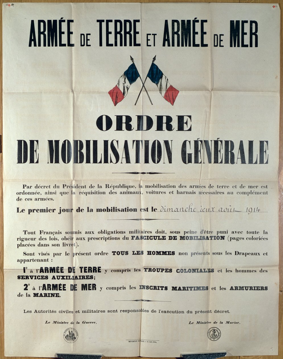 Plakát az általános mozgósításról Franciaországban, 1914. augusztus 2-án, a Ministere de la Guerre et de la Marine által alkotó: French School