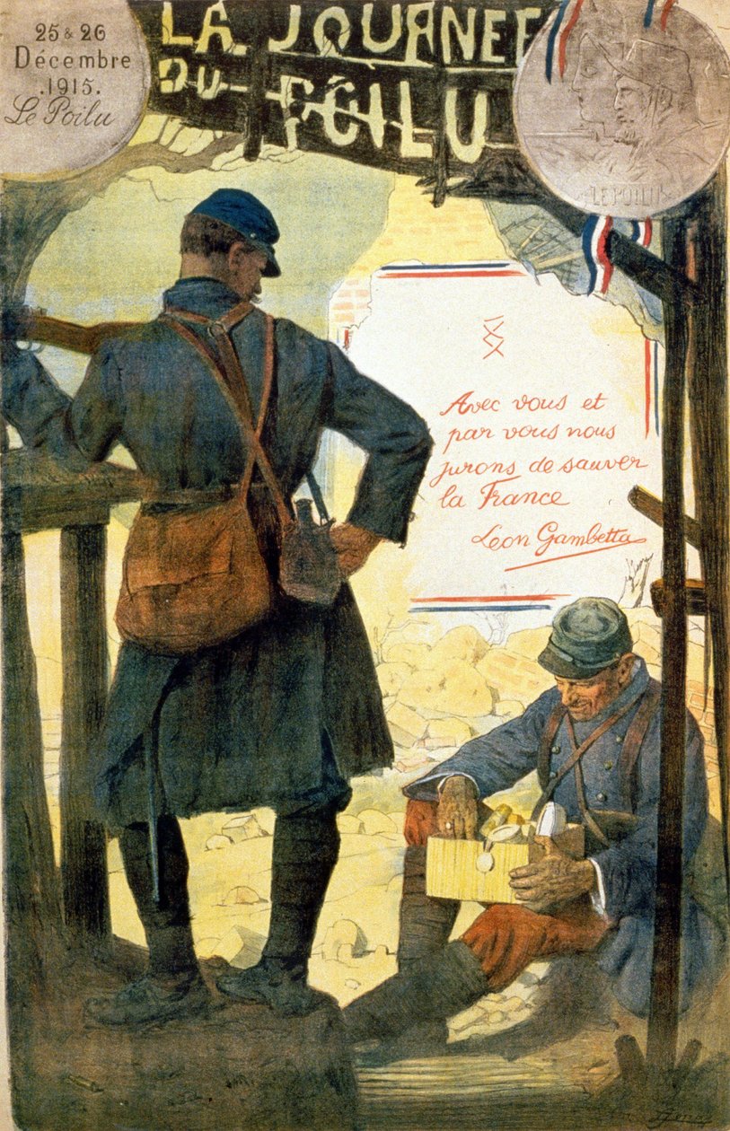 A „” La journée du poilu - 25 et 26 décembre 1915” plakátja Léon Gambetta idézetével „” Veled és általad esküszünk Franciaország megmentésére”. (a családjától kapott doboz szőrös kinyitása). alkotó: French School