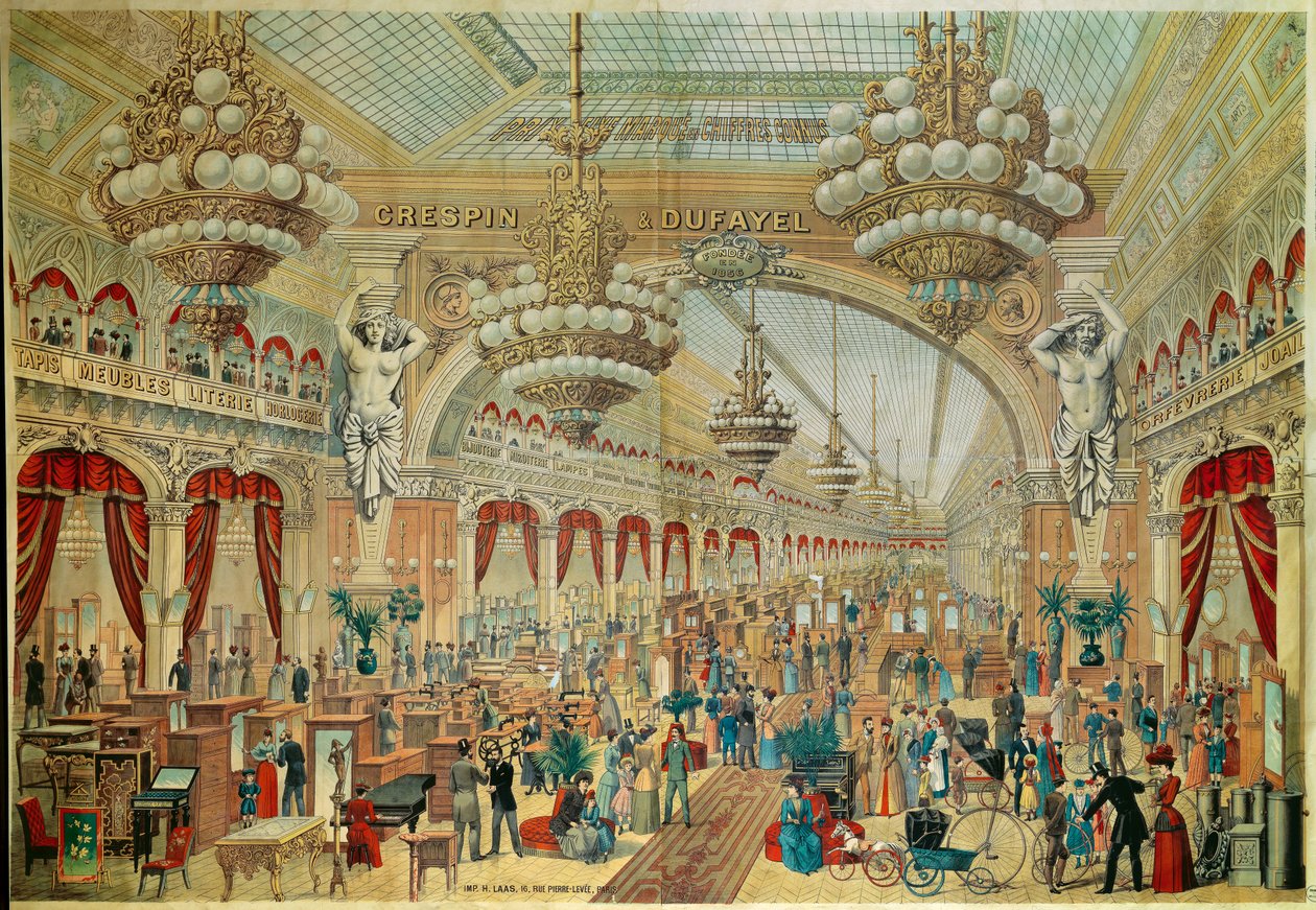 Plakát üzletek (vagy galériák) számára Crespin Dufayel a Boulevard Barbes-en Párizsban. 19. századi Párizs. Dekoratív művészet alkotó: French School