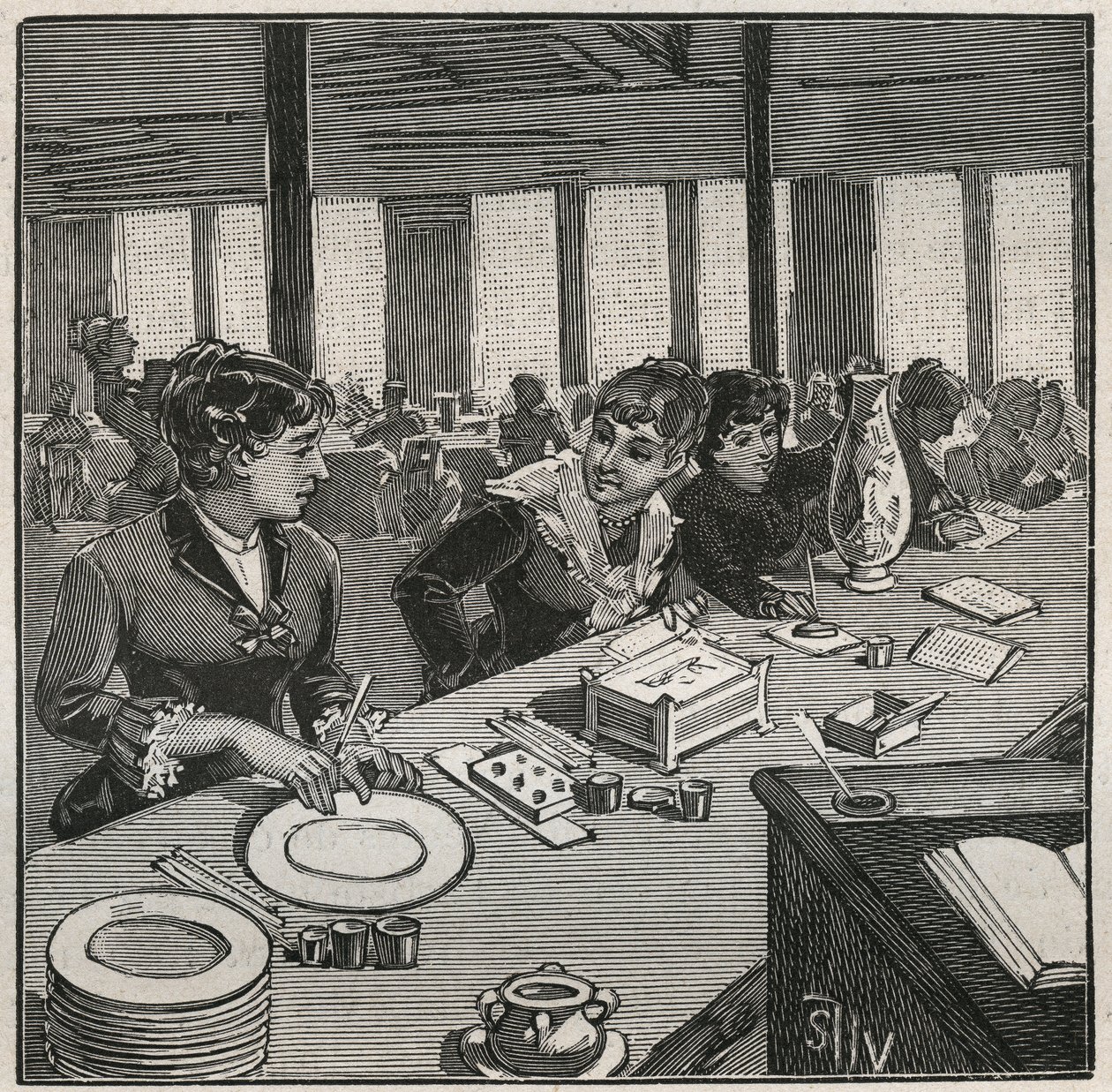 Fazekasság: porcelánfestő műhely a 19. században Franciaországban. Metszet 1880-ból Adolphe BITARD „” Les arts et metiers illustres” című könyvébe. alkotó: French School
