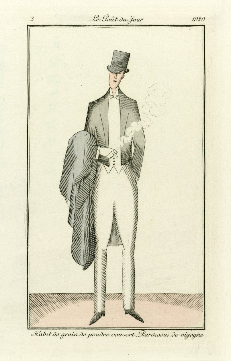 Porított gabona szokás fedett. Vicuna felöltő a Costumes Parisiens, pub.1912-ből (kézi színezett metszet). alkotó: French School