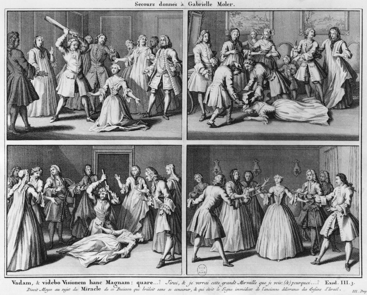 Gabrielle Moler segítésének gyakorlata, illusztrációja a La verite des miracles de Paris de Paris...-ból, Louis Basile Carre de Montgeron (1686-1754) 1747, Köln alkotó: French School