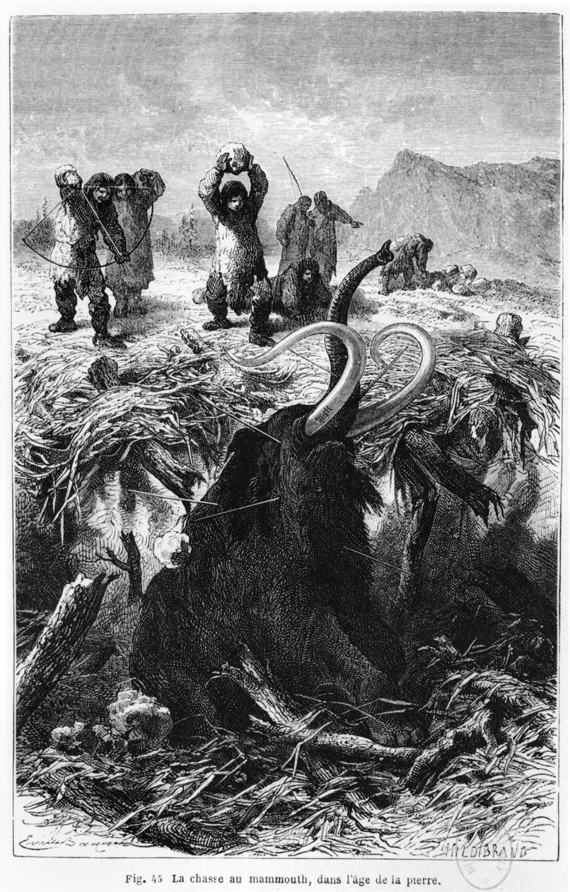 Mamutra vadászó őskori férfiak, Louis Figuier LHomme primitif illusztrációja, Hachette, Párizs, 1870 alkotó: French School