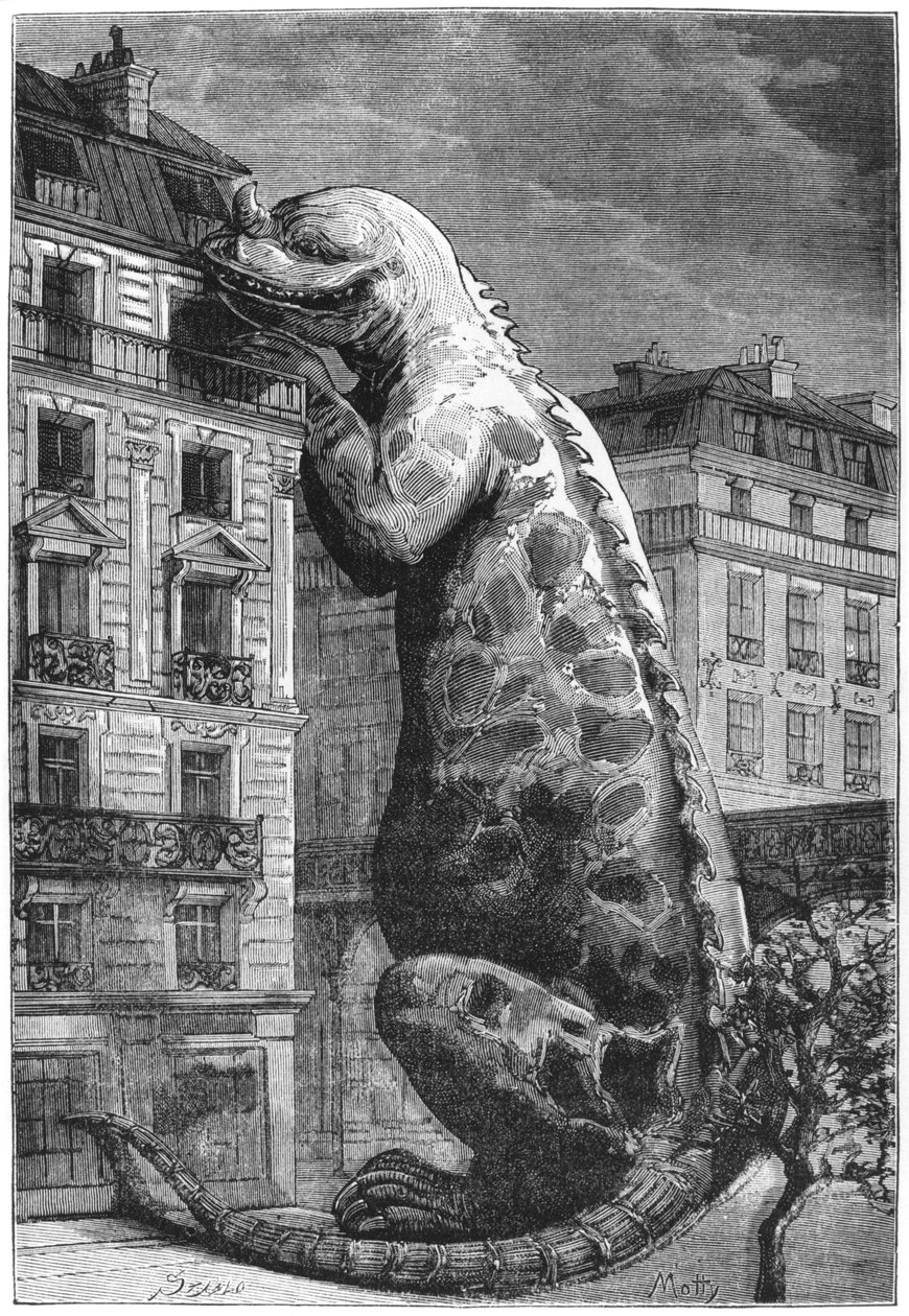 Őskori szörnyeteg egy modern városban, Motty metszetével (19. század) Illusztráció a Le Monde Avant la Creation de l