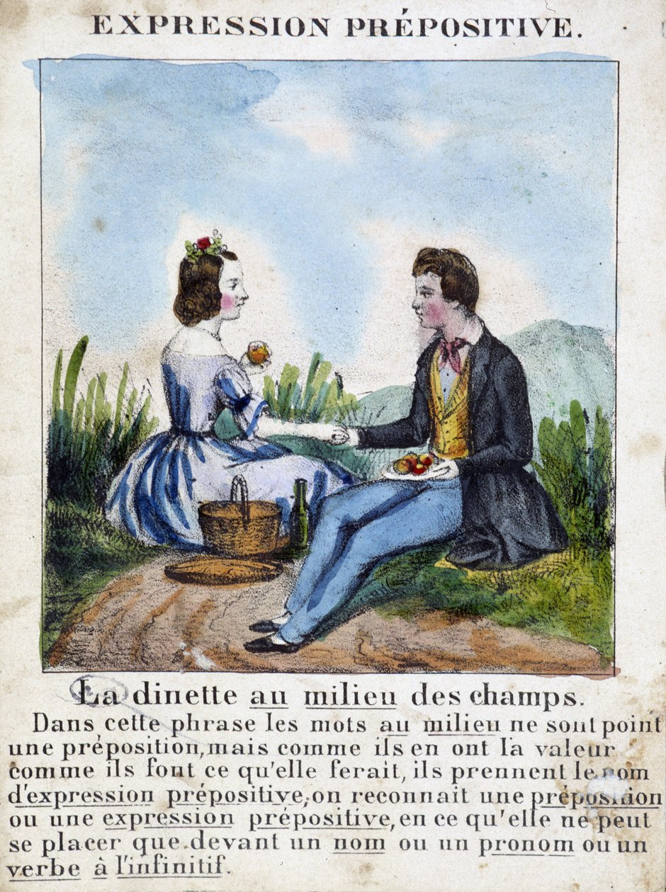 Prepozitív kifejezés (Az étkező a mezők közepén) - nyelvtankönyv képekben, 1850 körül alkotó: French School