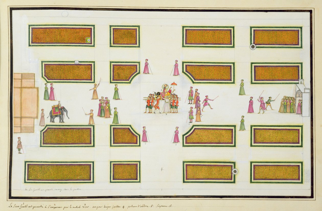 Nawab Shuja ud-Daula Gentil bemutatása Shah Alam császárnak Angur Baghban a Gentil albumból, 1774-ben alkotó: French School