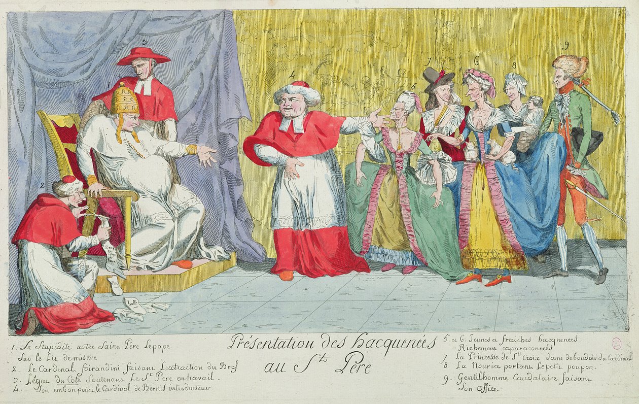 A kancák bemutatása a Szentatyának, Adelaide (1732-1800) és Victoire de France (1733-99) bemutatásának karikatúrája a pápának, 1791. április 17. alkotó: French School