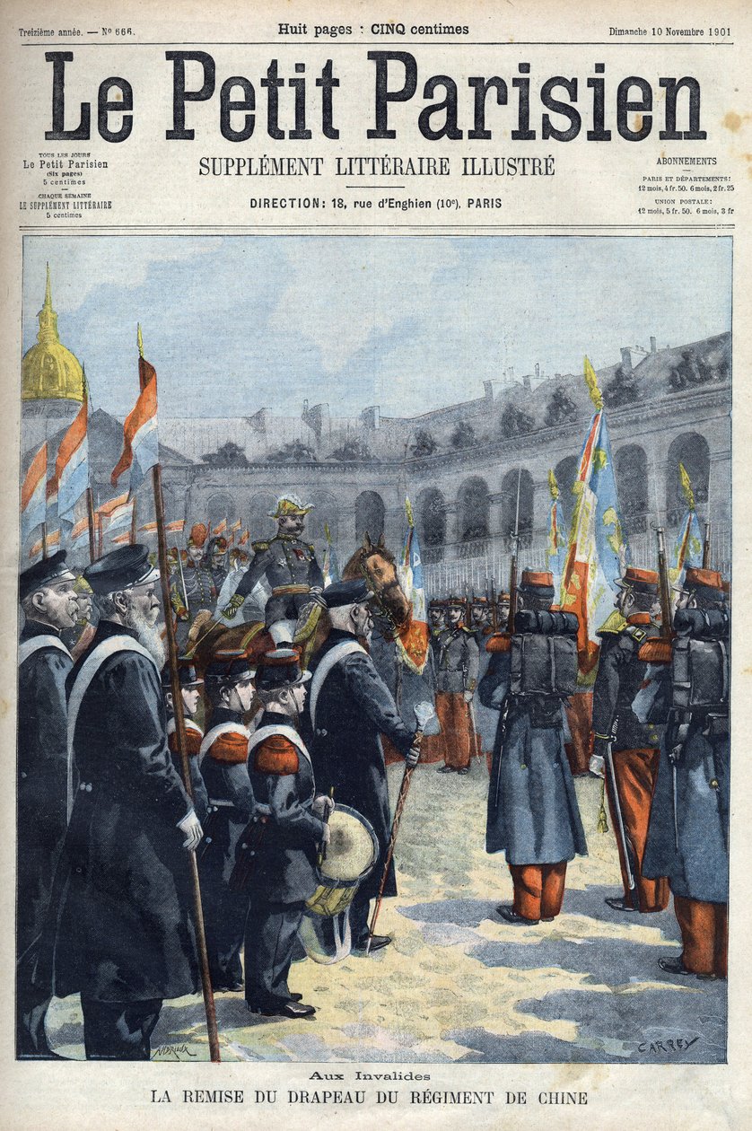 Faure Biguet (Faure-Biguet) tábornok bemutatta a Kínai Ezred zászlaját Arnoux tábornok kormányzójának a párizsi Invalidusoknál, a „Le petit Parisien” 1901-ben (metszet) alkotó: French School