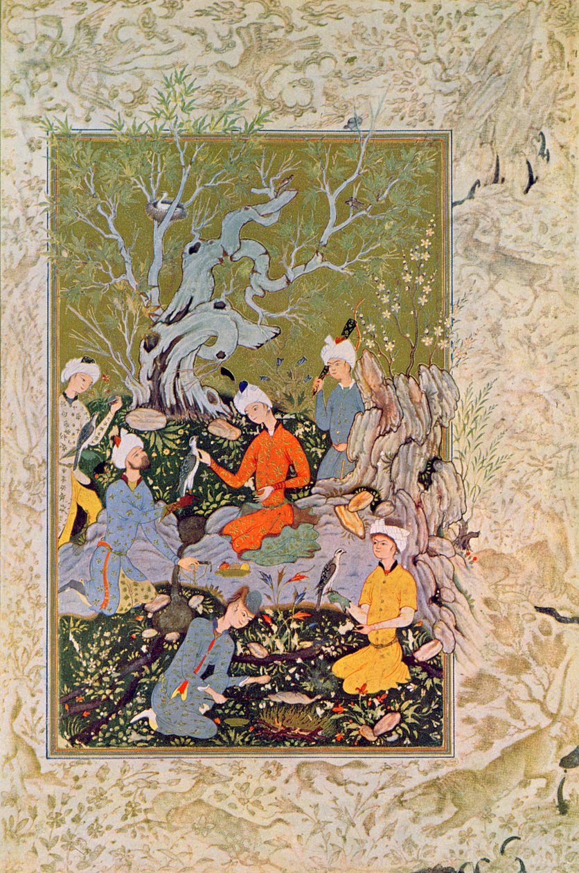Herceg vadászó sólyomokkal, Illusztráció az Arab éjszakákhoz, 1895 (színes metszet) alkotó: French School