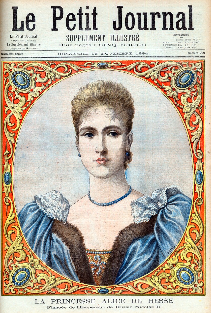 Alix hesseni hercegnő (Alexandra Feodorovna) (Alexandra Feodorovna Romanov) II. Miklós orosz cár menyasszonya. Alice hesseni és rajnai hercegnő (1872-1918). Miklós orosz császár jegyese II. Illusztráció a Le petit Journal számára alkotó: French School
