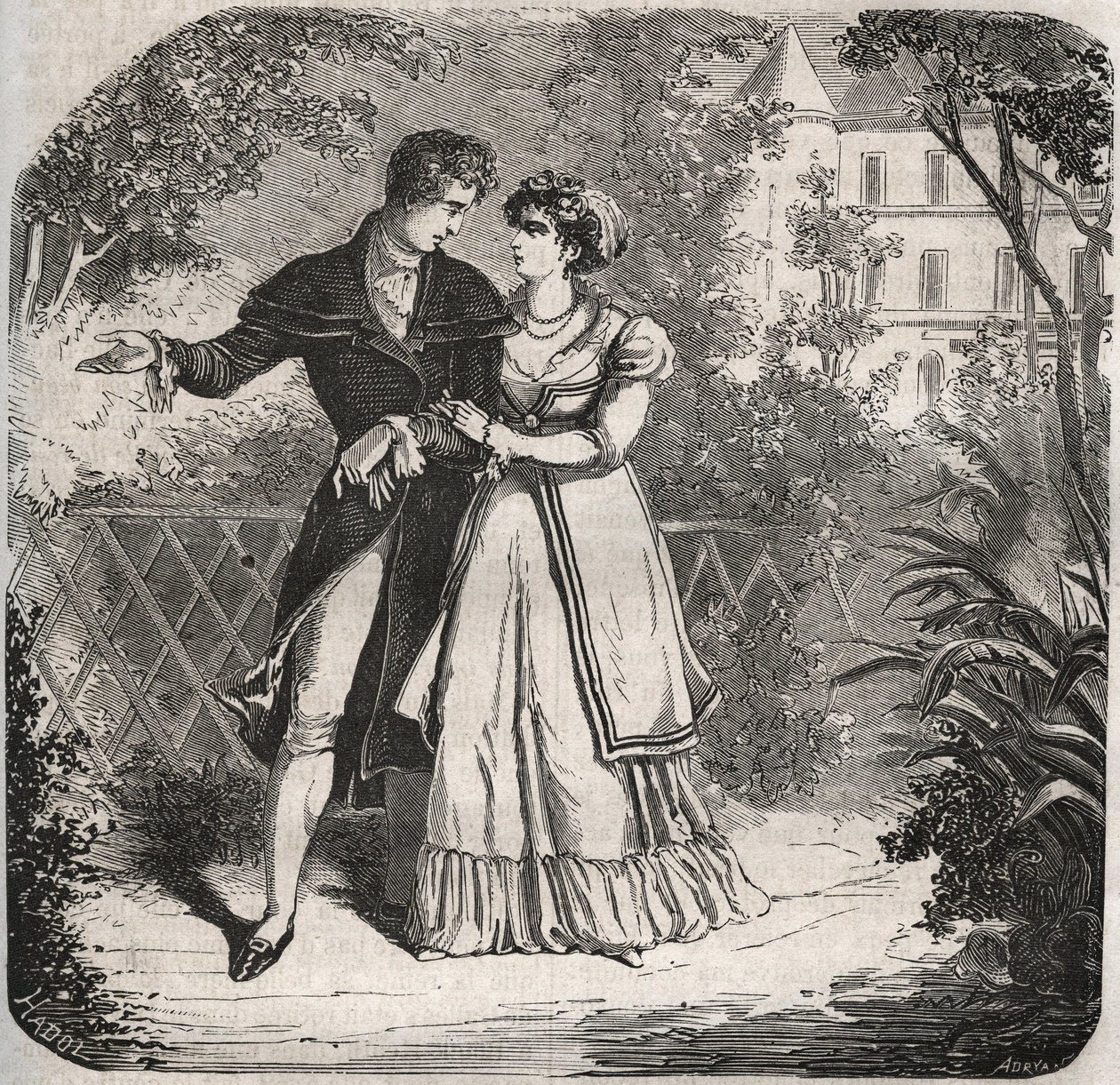 Brunswicki Karolina walesi hercegnő (1768-1821) szeretőjével, Bartolomeo Bergamival sétál. Metszet 1871-ből Henry de Kock (1819-1892) „Histoire Des Cocus Celebres” c. alkotó: French School