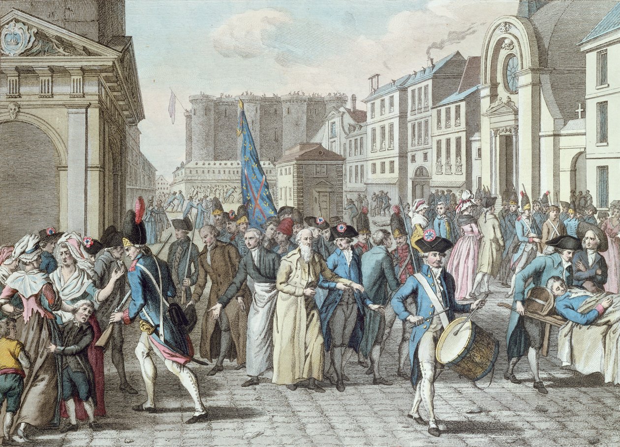 Foglyok a rue Saint-Antoine-ban, miután 1789. július 14-én szabadultak a Bastille-ból alkotó: French School