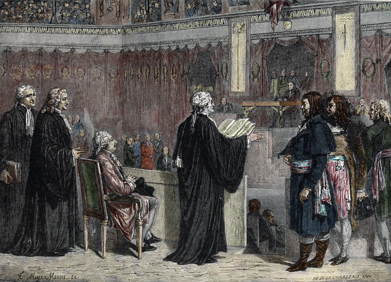 Proces de Louis XVI: XVI. Lajos megjelenése a Nemzeti Konvent képviselői előtt (színes metszet) alkotó: French School