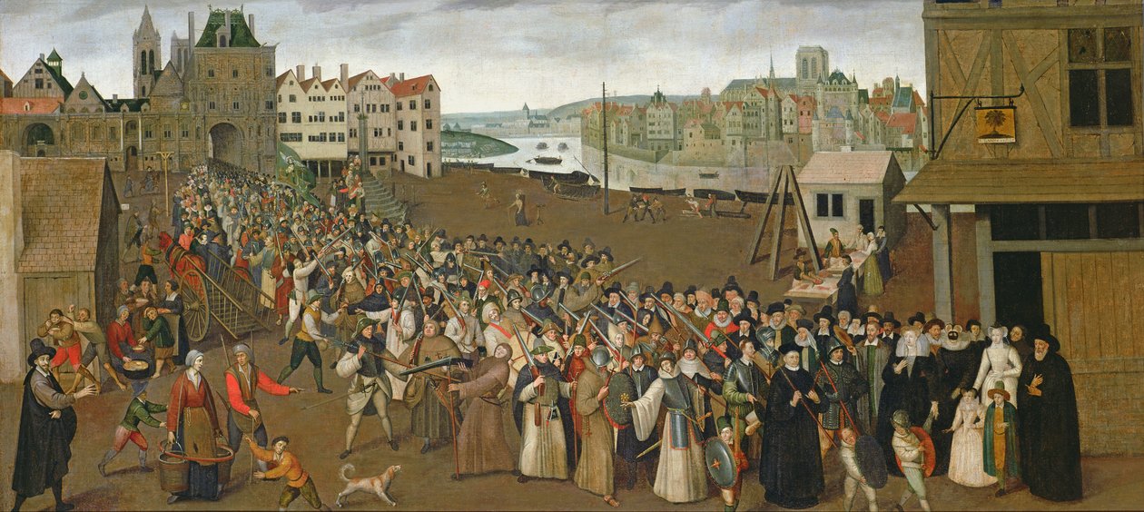 A Szent Liga körmenete a Place de Grève-on, a Saint-Jean boltív elhagyása, Párizs, 1590-3 alkotó: French School