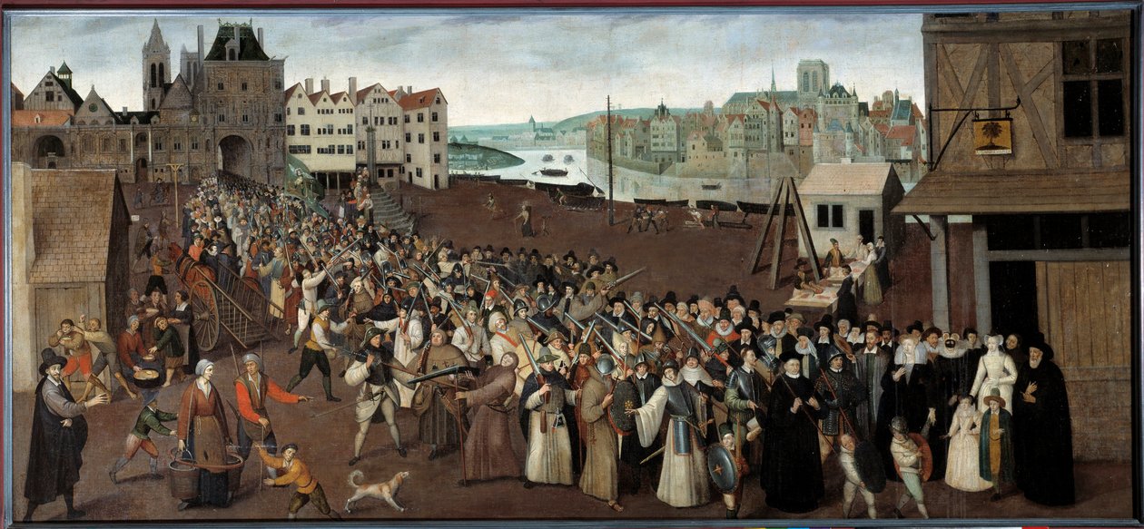 A Liga felvonulása a Place de Greve-en, elhagyva a párizsi Saint Jean árkádot Az Ecole francaise festménye. 1590 V. 1x2,12 m Párizs, Musee Carnavalet - A Liga felvonulása a Place de Greve-en, elhagyva a párizsi St. Jean Arcade-t. festése alkotó: French School