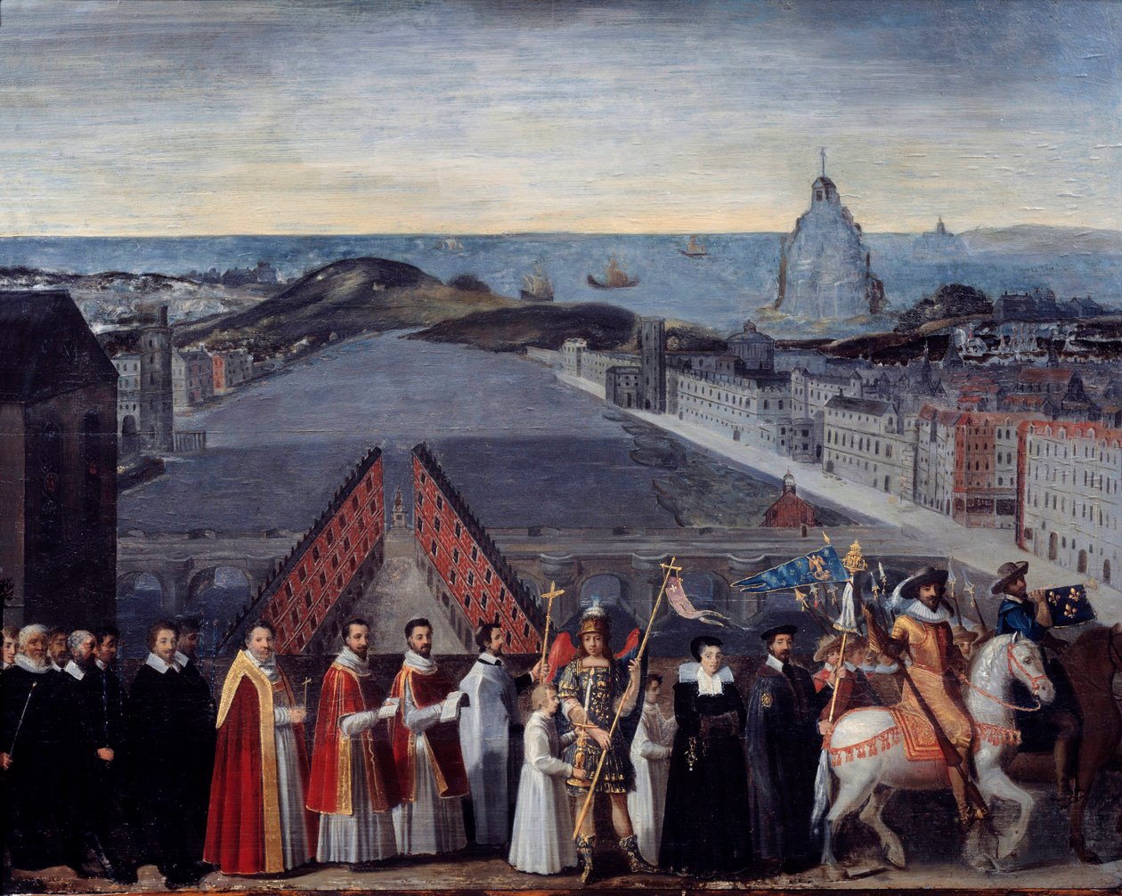 Saint Michel du Mont zarándokainak párizsi lekvárjának körmenete a Pont Neuf Anonymous festményén. 17. század. Mérete 0,80 x 1,05 m Párizs, Carnavalet Múzeum alkotó: French School