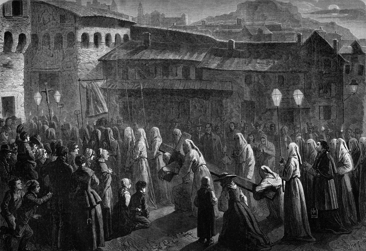 Penitents de Confalais körmenete, Dél-Franciaország vallásos zsúfoltja Puy en Velay-ben, Haute Loire (43) alkotó: French School