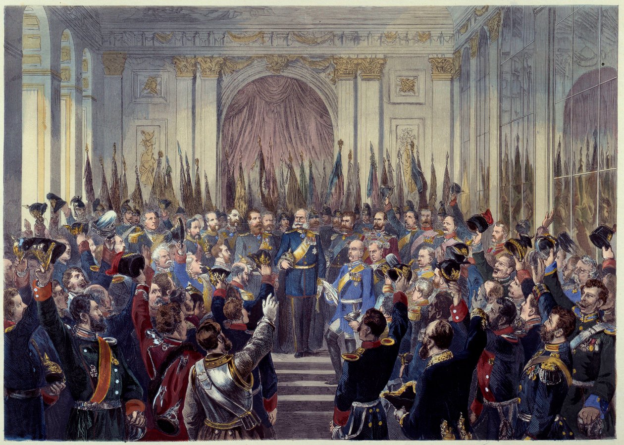 A Német Birodalom kikiáltása 1871. január 18-án a versailles-i Jéggalériában az 1870-es háborúban Poroszország ellen elszenvedett francia vereséget követően. I. Vilmost (1797-1888) császárrá nyilvánítják. 19. századi Párizs, Musee Carnavalet alkotó: French School