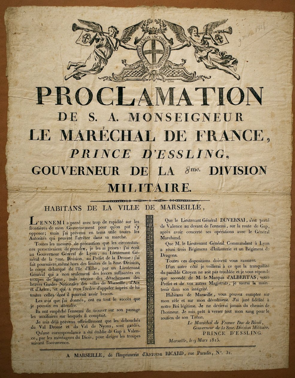Kiáltvány Marseille város lakóinak, március 9-én alkotó: French School