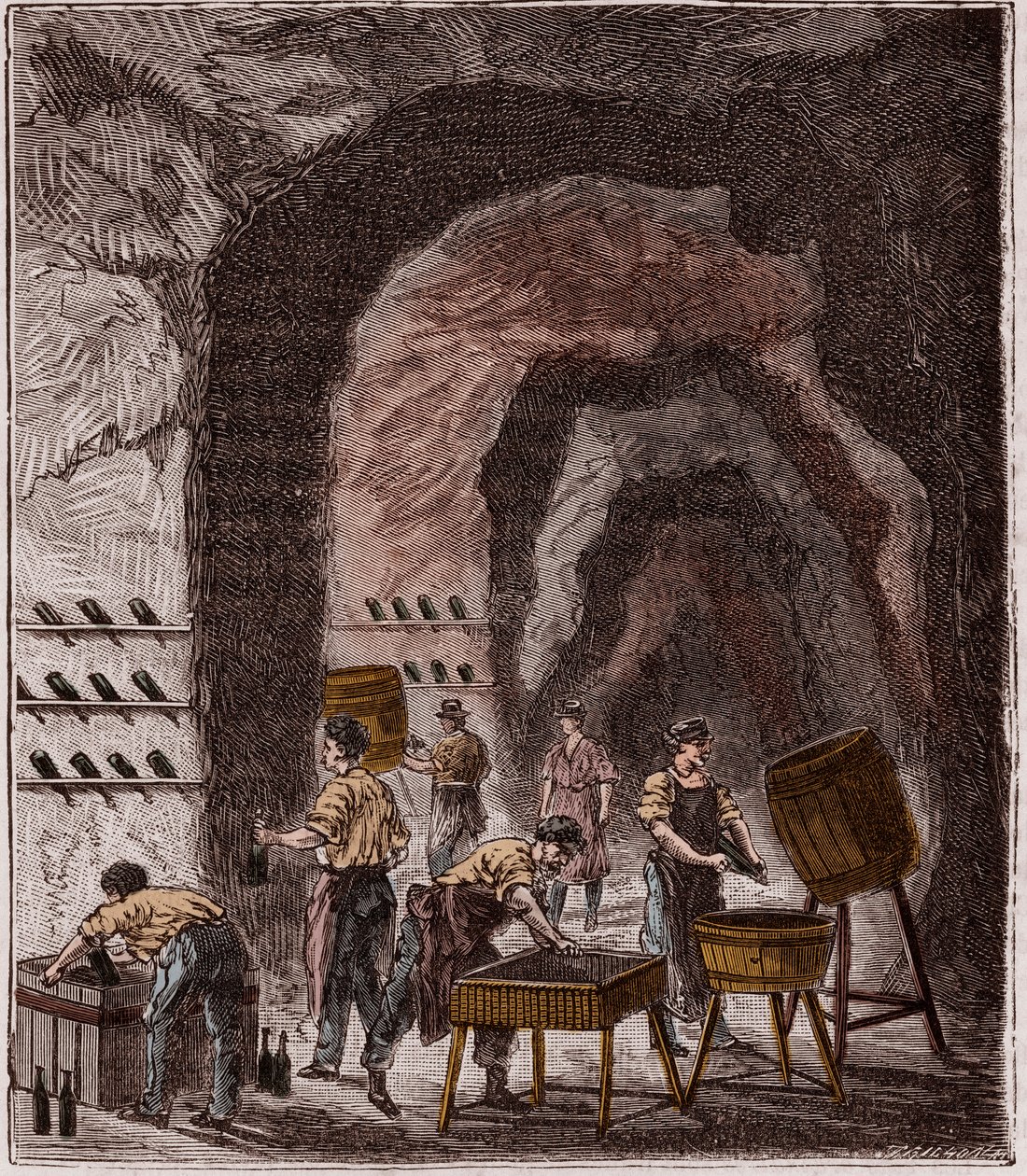 Pezsgőgyártás - Fabrication du Champagne - Metszet a „Mindenki számára elérhető tudományok – fizika és kémia” címszó alatt, Alexis Clerc - 19. század vége - Magángyűjtemény alkotó: French School