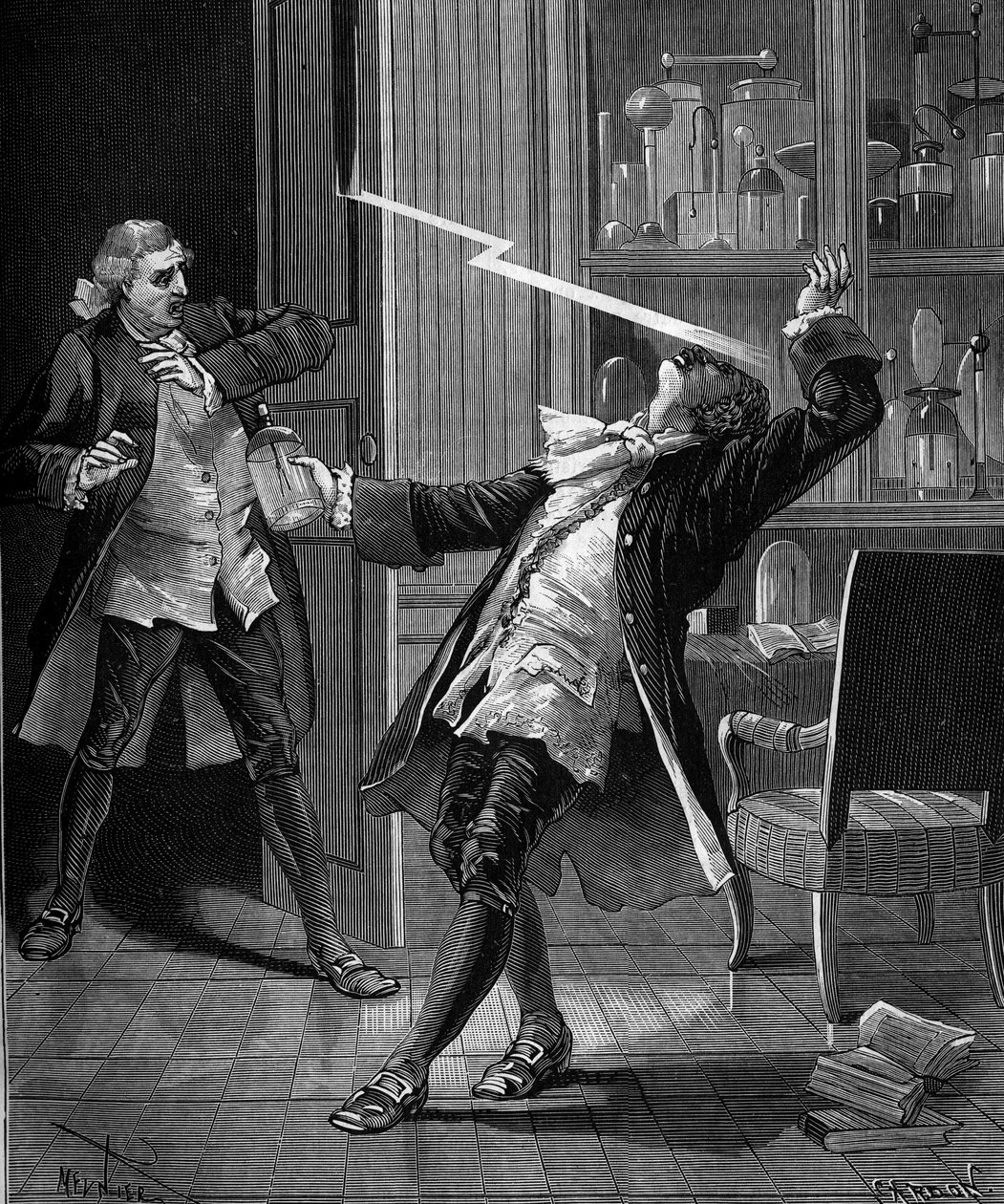 Georges Guillaume Richmann professzor (1711-1753) egy elektrométeres kísérlet után a műhelyében halt meg. alkotó: French School