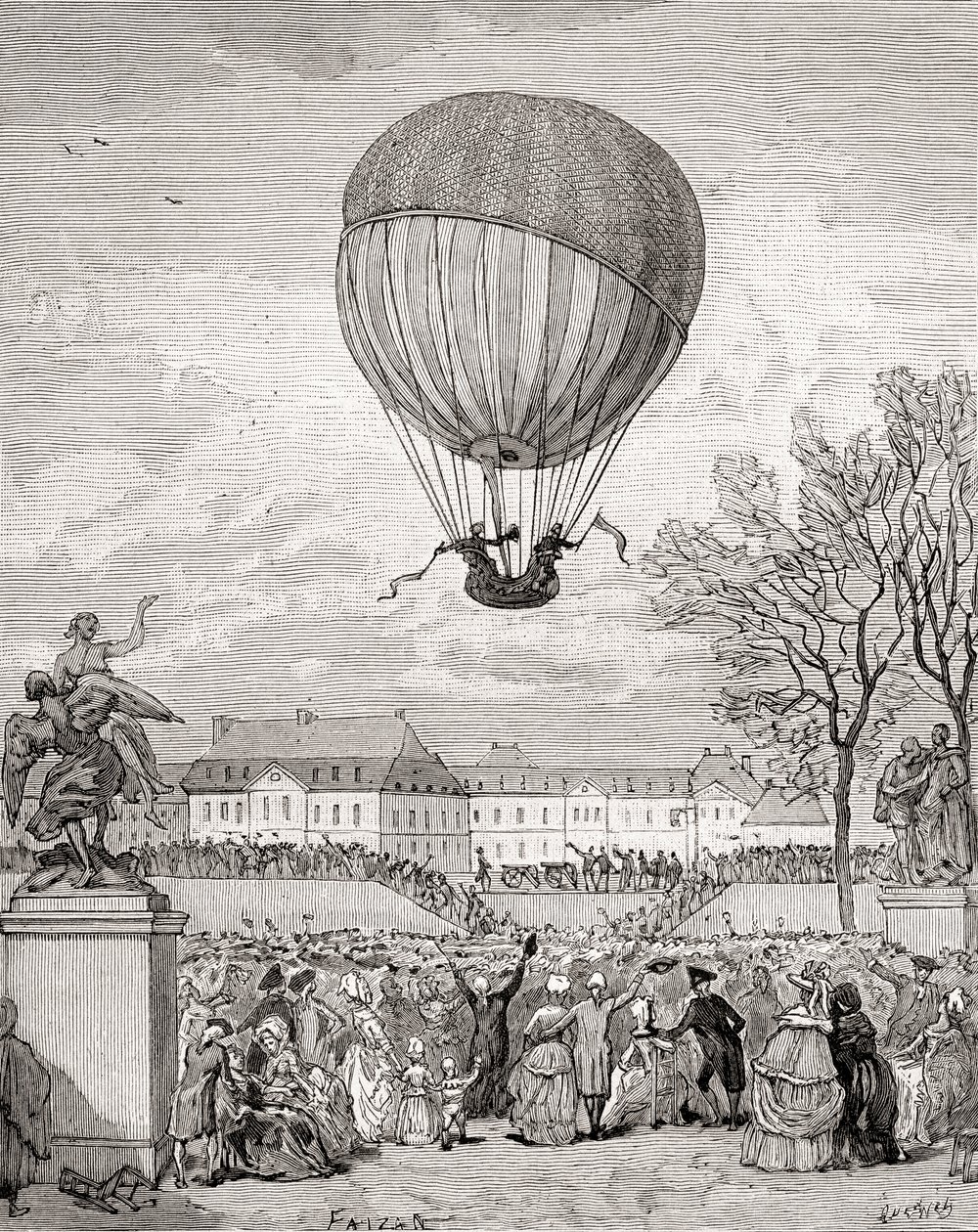 Jacques Charles professzor és Nicolas-Louis Robert a világ első emberes hidrogénballonját repülte 1783. december 1-jén a párizsi Tuilleries-kertben, az 1880 körül megjelent Histoire de France-ból (metszet) alkotó: French School