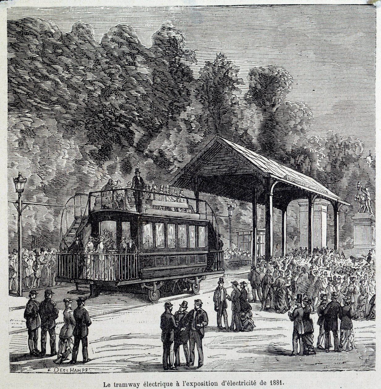 Haladás a közlekedésben: az elektromos villamosvasút 1881-ben elektromost állított ki. Metszet a XIX. alkotó: French School