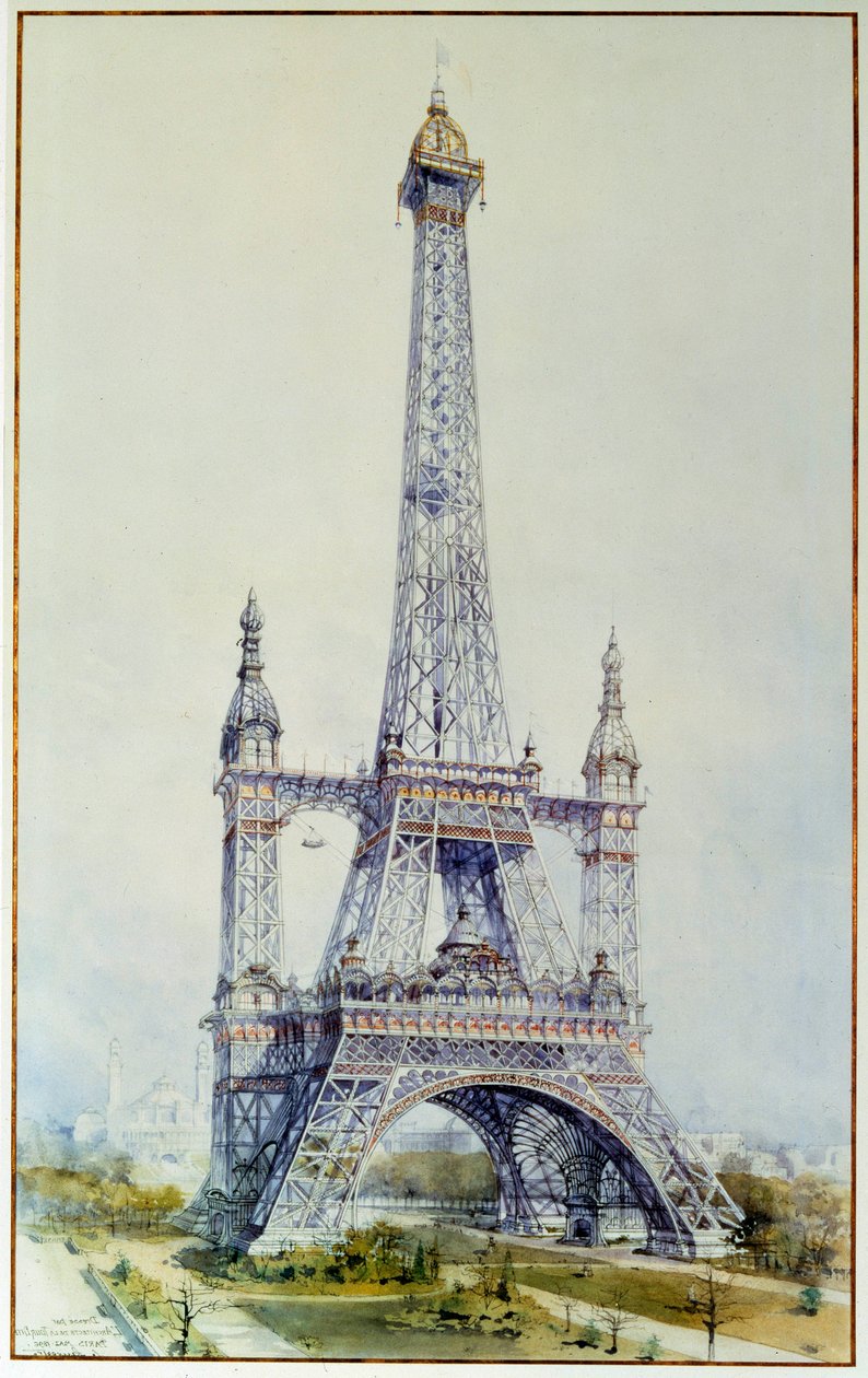 Az Eiffel-torony módosításának projektje az 1900-as kiállításhoz (1896. május). Metszet 1896-ból. Párizs, Országos Levéltár alkotó: French School