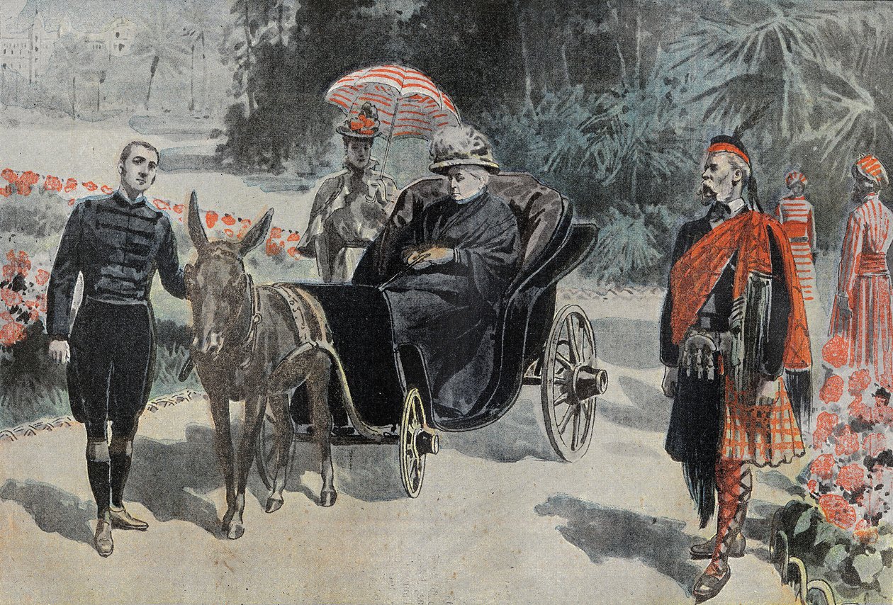 Promenade de Victoria I (1837-1901) Anglia királynője, a Hotel Cimiez parkjában Nizza közelében. Metszet a „” Le Pelerin”-ben” 1899.03.26. alkotó: French School