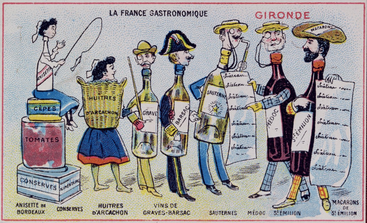 Promóciós és oktatási kártya gyerekeknek, amely a Gironde régió ételkülönlegességeit ábrázolja. 1910 körül alkotó: French School