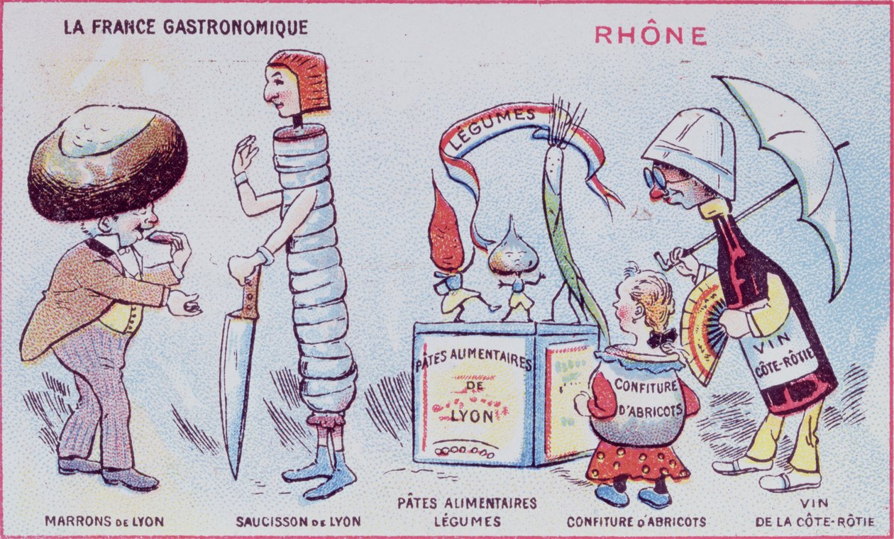 Promóciós és oktatási kártya a Rhone régió ételspecialitásairól szóló gyermekek számára, 1900 körül alkotó: French School