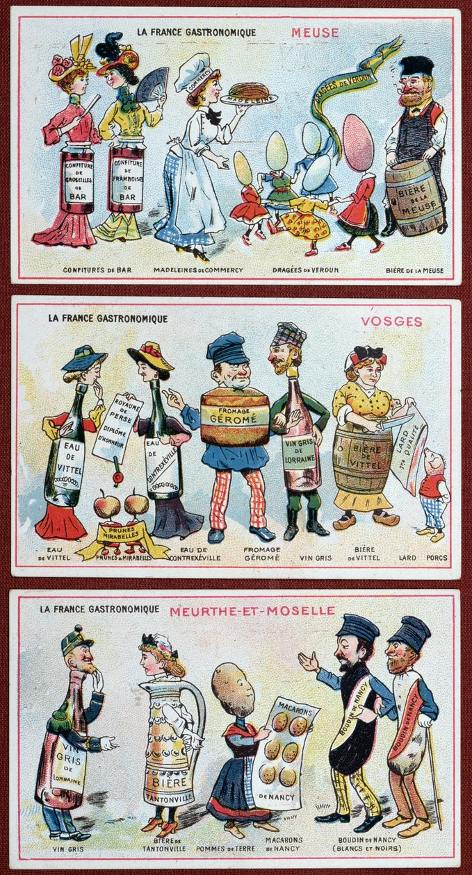 Promóciós és oktatókártyák gyerekeknek, amelyek Lotaringia régió ételkülönlegességeit ábrázolják, 1910 körül alkotó: French School
