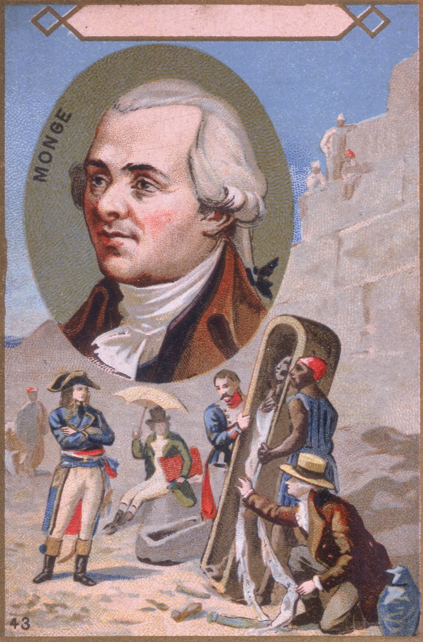 Promóciós kártya, amely Gaspard Monge-ot (1746-1818) ábrázolja, aki múmiát ajándékoz Bonaparte Napóleonnak (1769-1821) az egyiptomi hadjárat során, 19. század végén alkotó: French School