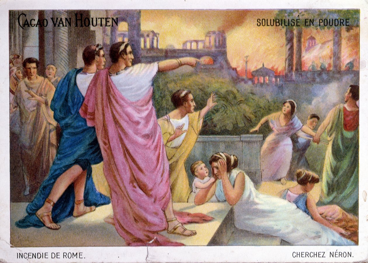 Promóciós kártya Cacao van Houten csokoládéivásáról, amely Róma i.sz. 64-es felgyújtását illusztrálja, 1910 körül alkotó: French School