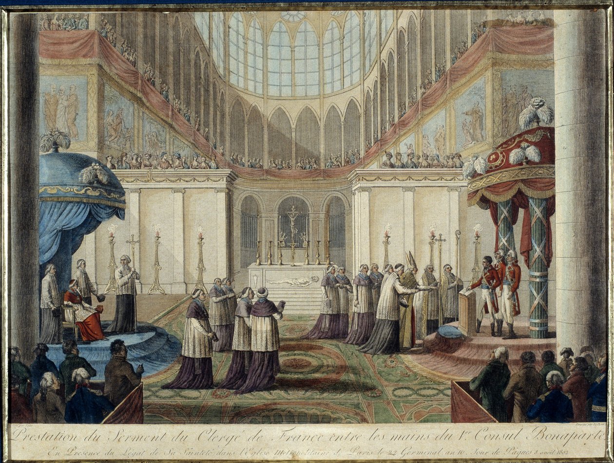 Az 1801. évi konkordátum kihirdetése: esküt tett Franciaország klérusa Bonaparte 1. konzul kezében Őszentsége legátusa jelenlétében a párizsi Metropolitan Templomban 22. csíraév 10., húsvét nap 1802. április 8. alkotó: French School