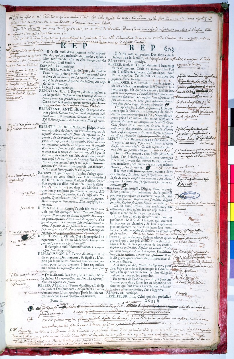 Lektoroldal a Francia Akadémia szótárának egy kiadásának javításával (tintával papíron) (lásd még: 179945) alkotó: French School