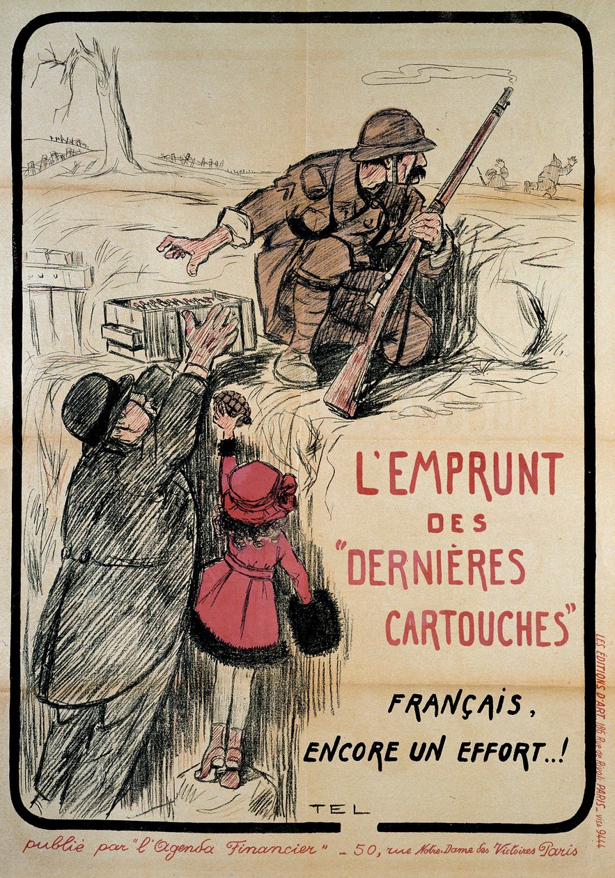 Propaganda plakát az I. világháború idején: „”az utolsó töltényeket kölcsönözve, francia még erőfeszítés””, XX. Coll. Gyerünk. alkotó: French School
