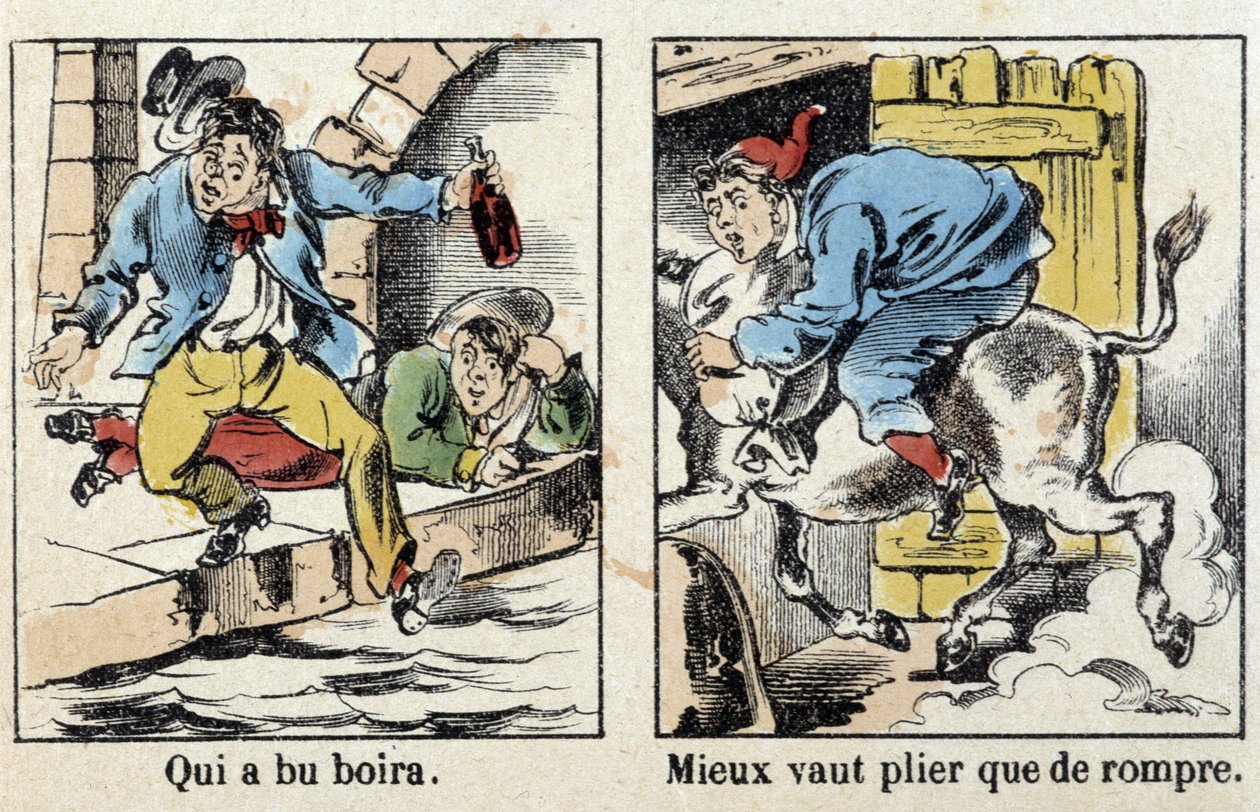 Példabeszédek az Epinal képeiben: Ki ivott italt. Jobb hajolni, mint eltörni. alkotó: French School