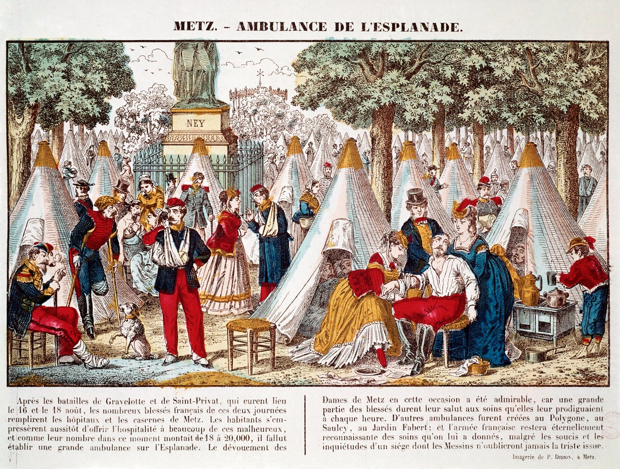 Porosz háború: 1870-ben Metzben sebesültek ellátására szerelt mentőautó az esplanádra (metszet) alkotó: French School