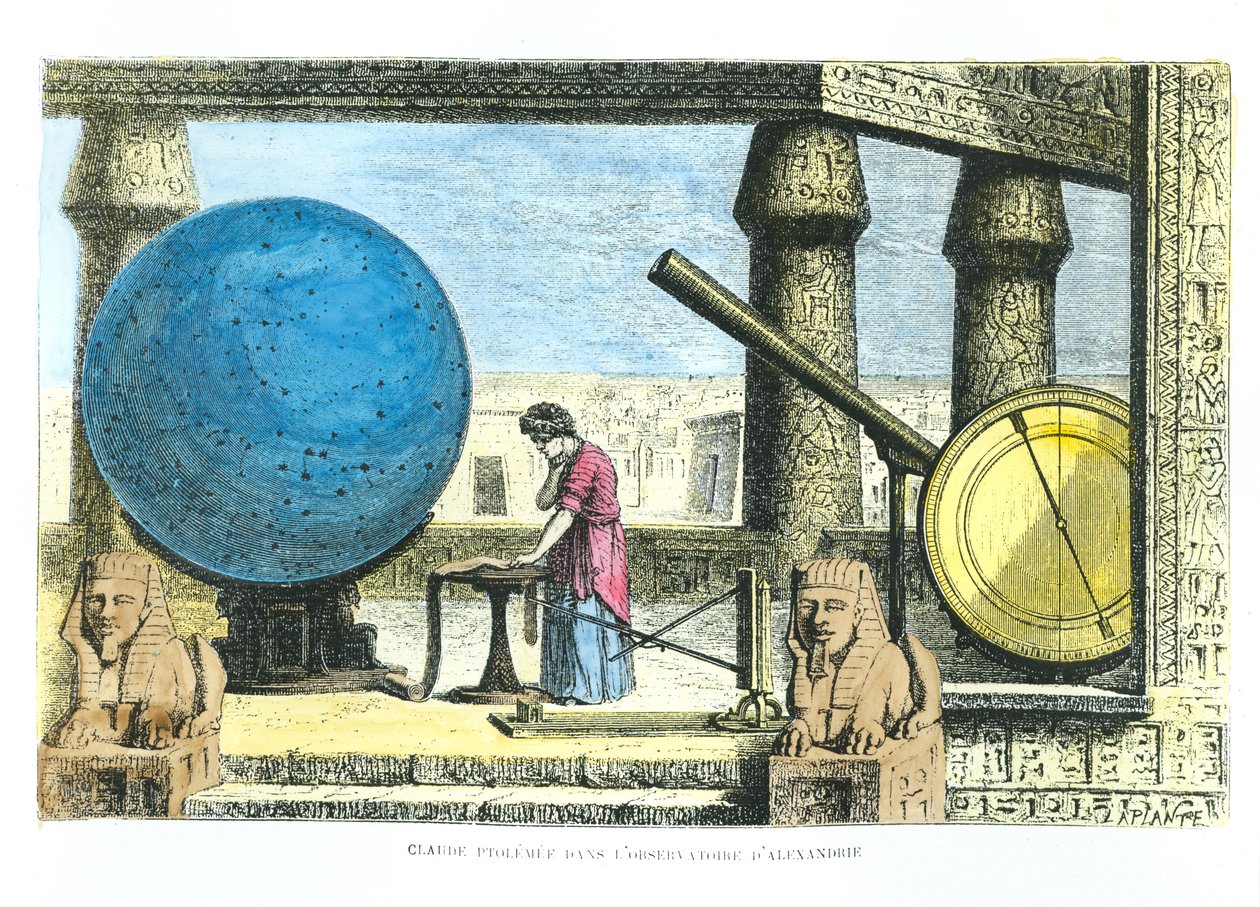 Ptolemaiosz (kb. 90-168) (Claudius Ptolemaeus) az alexandriai csillagvizsgálóban, Louis Figuier La Vie des Savants Illustres című művéből (későbbi színezés) alkotó: French School